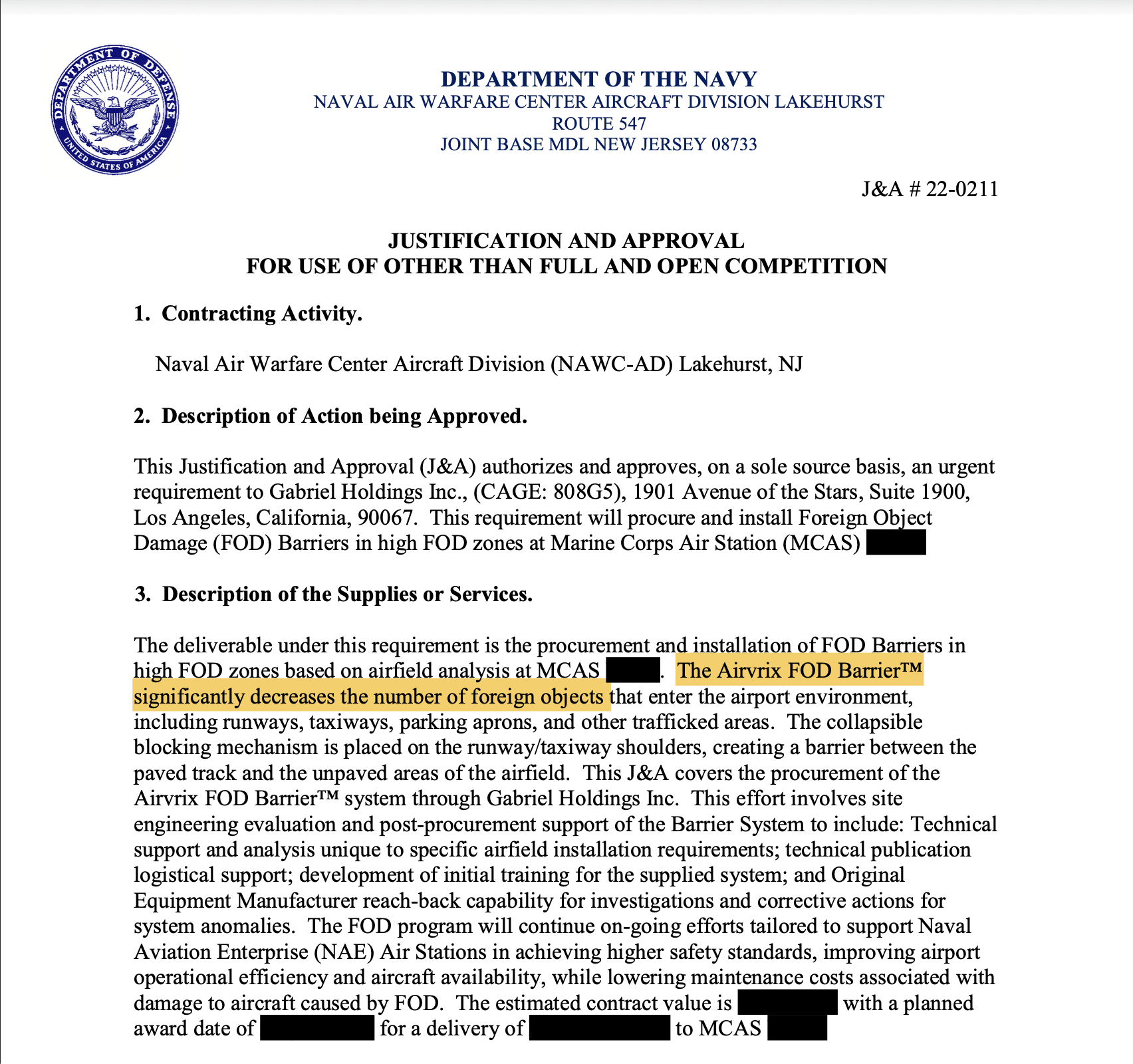 U.S. Navy J&A Document Page 1